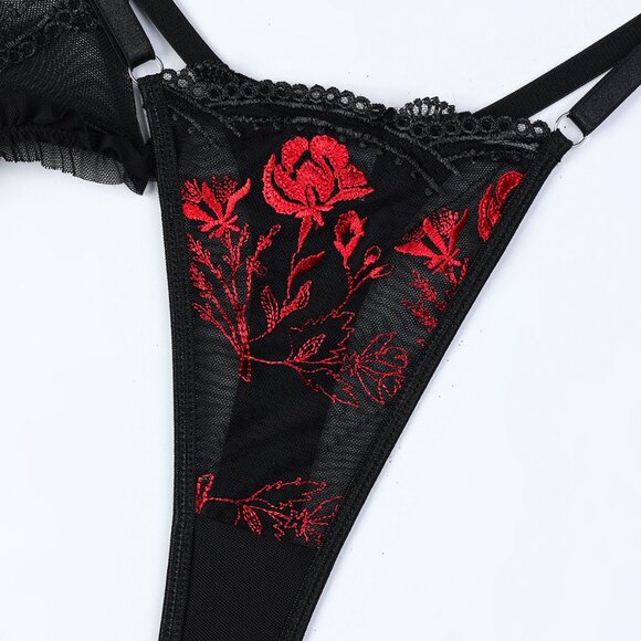 Embroidery Floral Longline Bra Set Women Lingerie Set Black Mesh Underwear - Picture 12 of 12